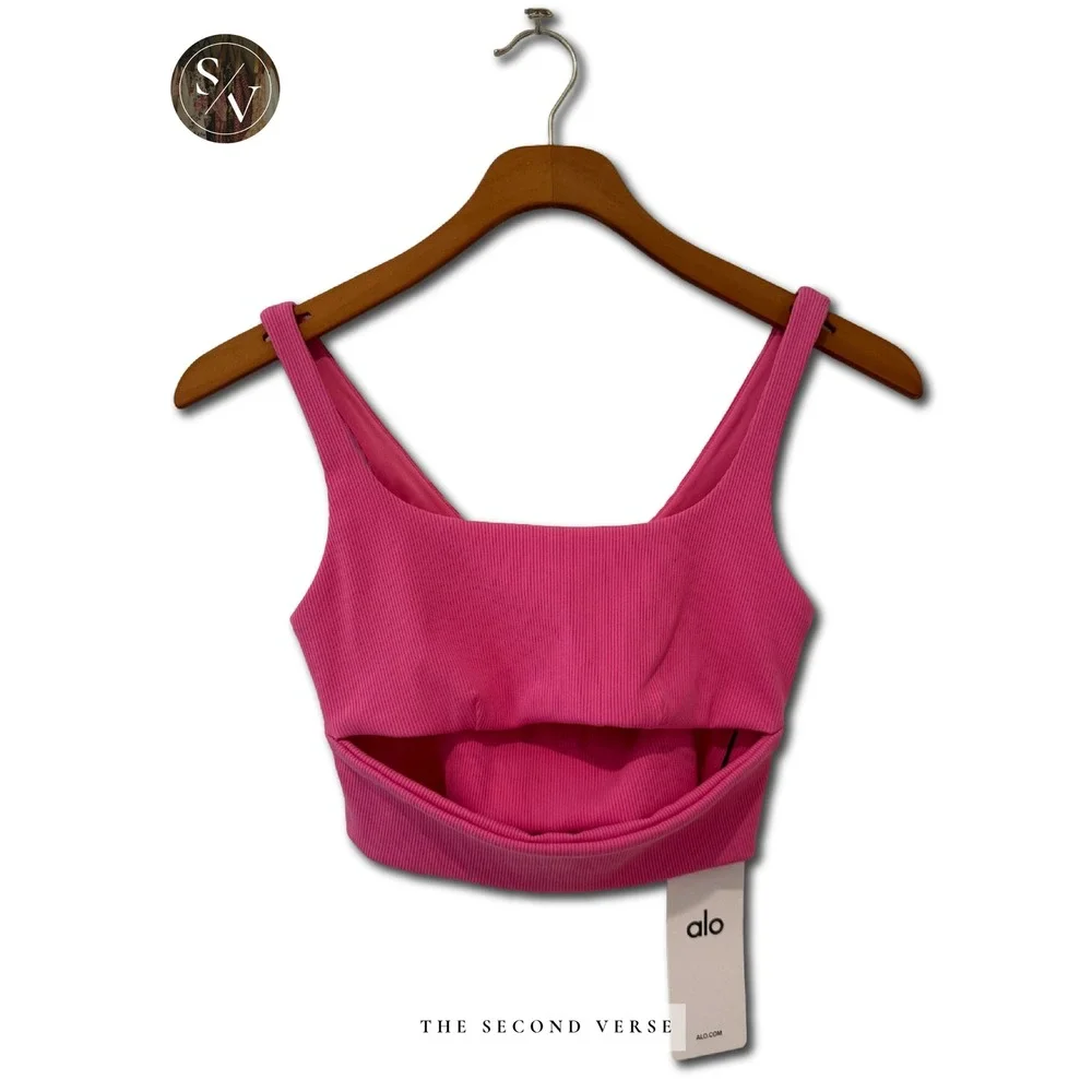 Alo Yoga Slit Bra Paradise Pink Ribbed Cutout Sports Bra W9218R Size Medium